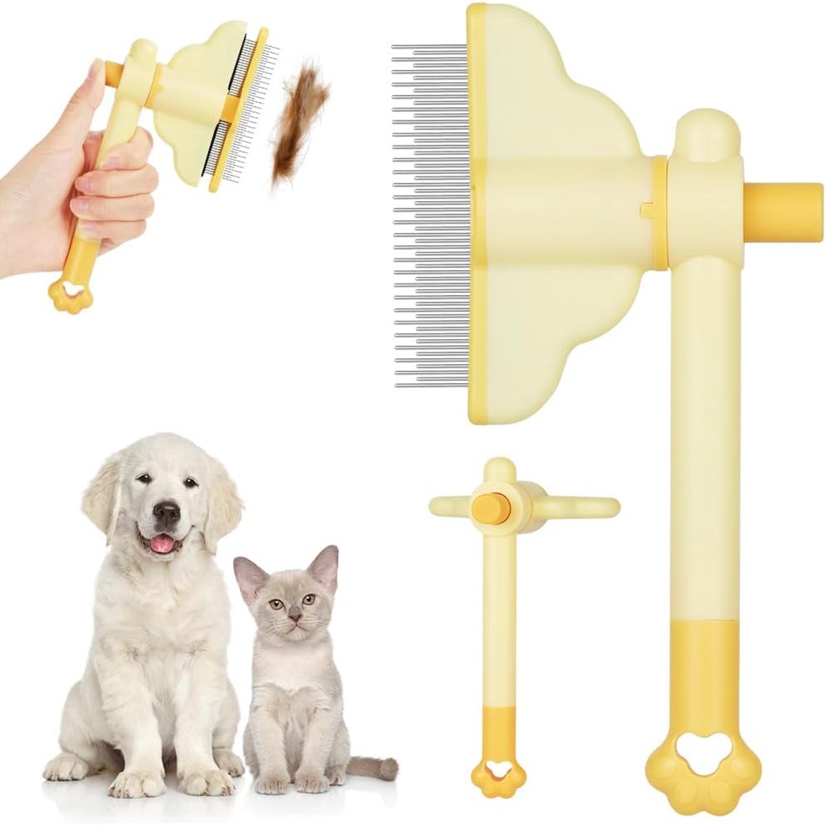 Dierenkam - Zelfreinigende Kattenkam - Roteerbaar Ontwerp - Met Knop voor Dode Haren - Verzorgingskam voor Huisdieren - Geel