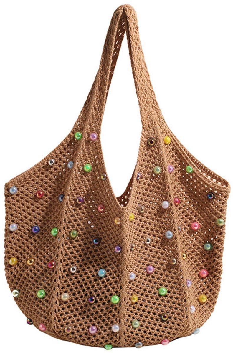 Dailygoods - Dailygoody - Boho Crochet Beach Bag - Woven Handbag - Lichtgewicht en duurzaam - Bruin - Hippie stijl - Perfect voor strandbezoek - Vrolijke kleurtjes