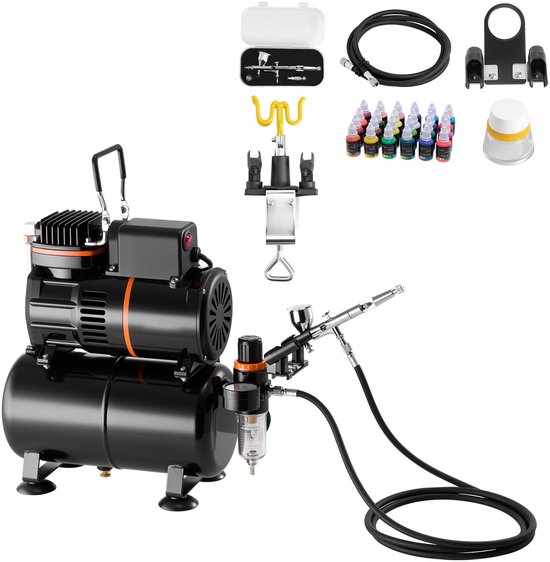 Zwarte airbrushcompressor met tank, compleet met airbrushpistool, slang, houder, schoonmaakset, 24 kleuren verf en dop.