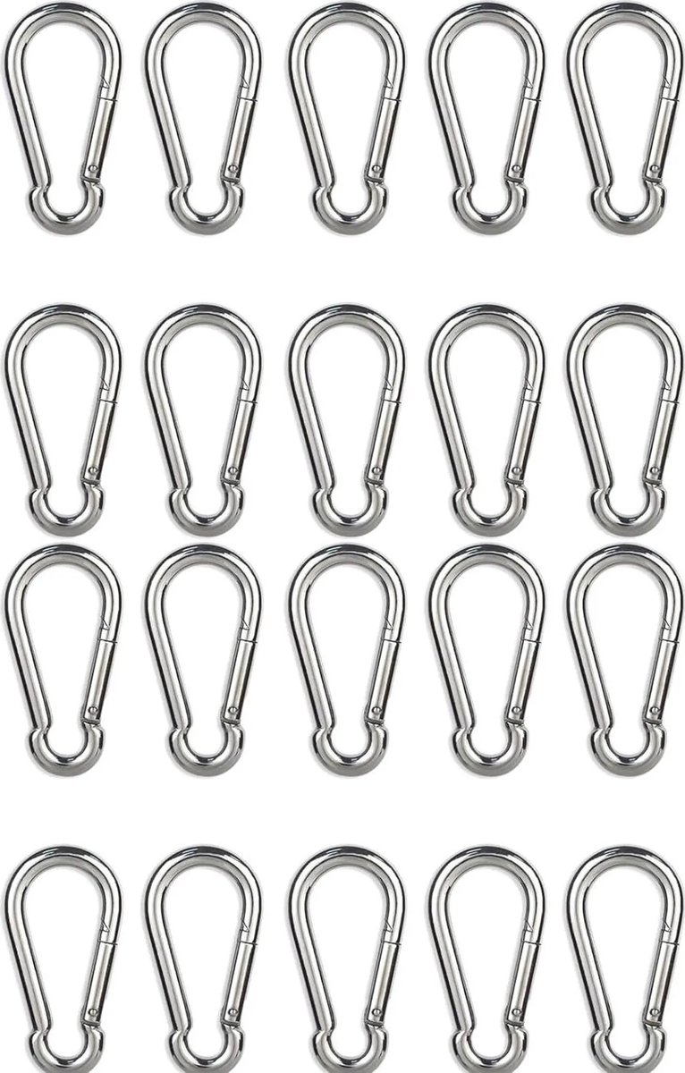 20 kleine roestvrijstalen karabiners (4x40 mm) – klikkarabiners voor sleutelhangers, draagvermogen 40 kg.