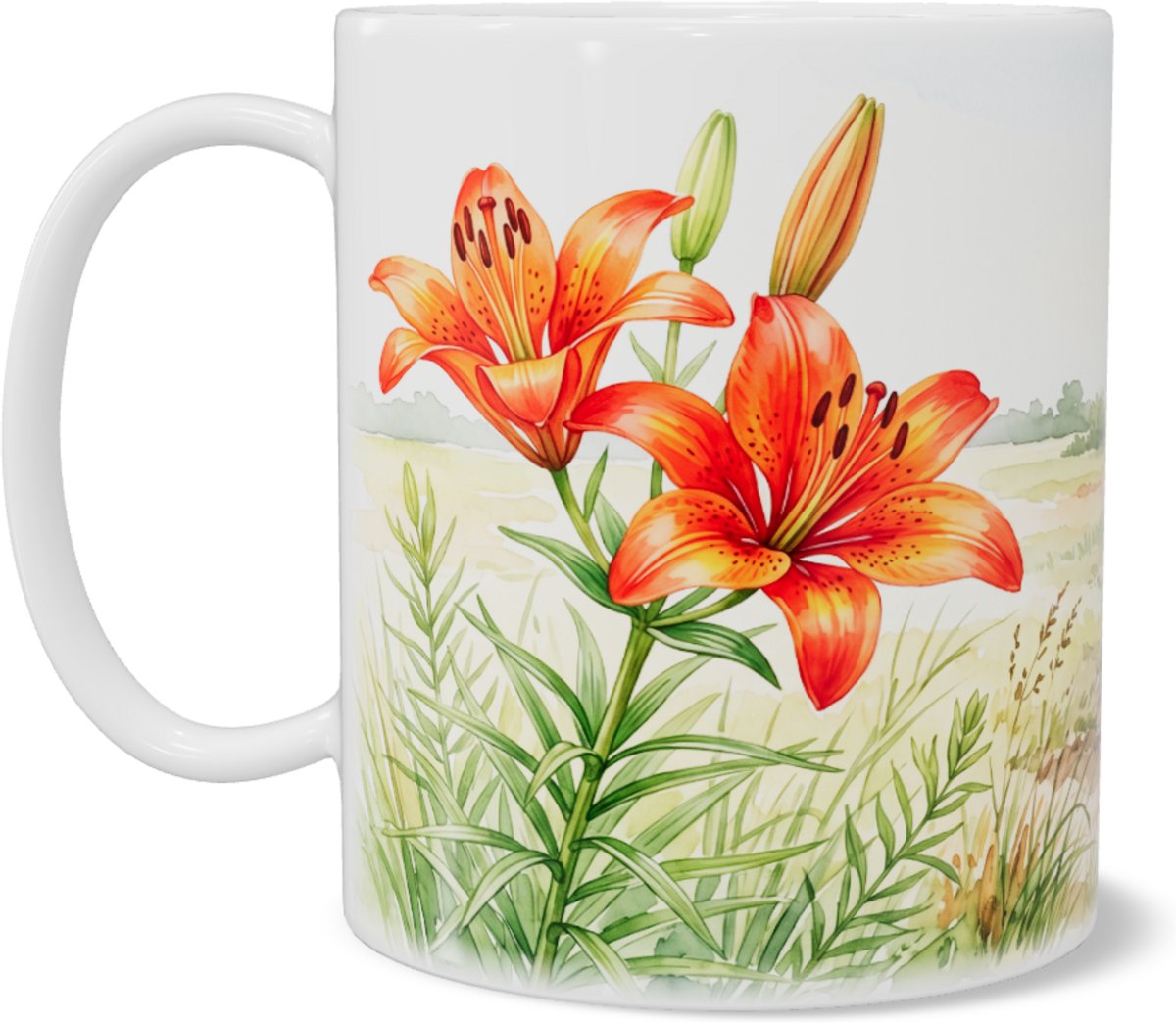Mok met roggelelie - Aquarel veldbloemen - Cadeau voor natuurliefhebber