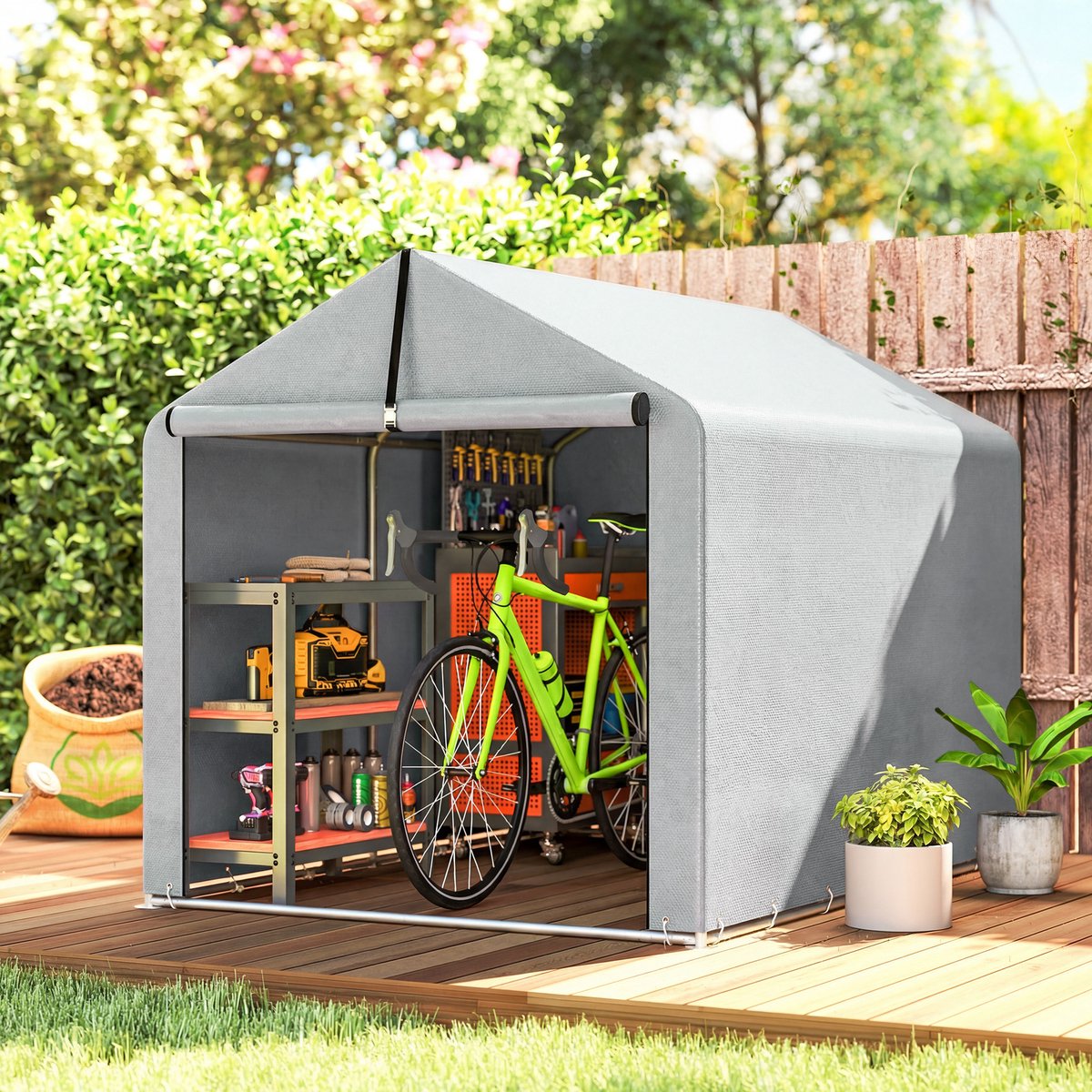 Tuinhuis met Schuin Dak – Gereedschapsschuur - Multifunctionele tuinhuis - Fietsschuur - 221.5 x 162 x 163 cm - Outdoor Tuinopslag - Voor Achtertuin, Terras en Grasveld - Weerbestendig - Grijs