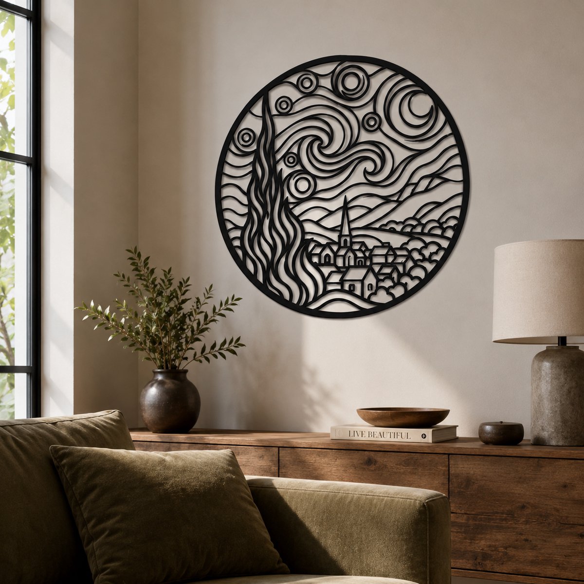 Starry night Wanddecoratie – Rond Zwart MDF – Moderne Line Art Kunst – 35 cm Breed