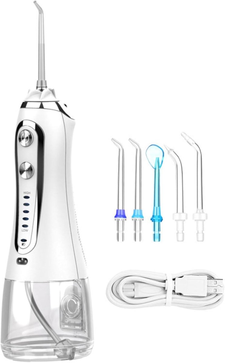 Draagbare elektrische monddouche, draagbare draadloze mondirrigator van 300 ml, USB-oplaadbaar, 5 sproeiers, 5 pulsmodi, IPX7-waterdicht, één klik om de mondgezondheid te vernieuwen