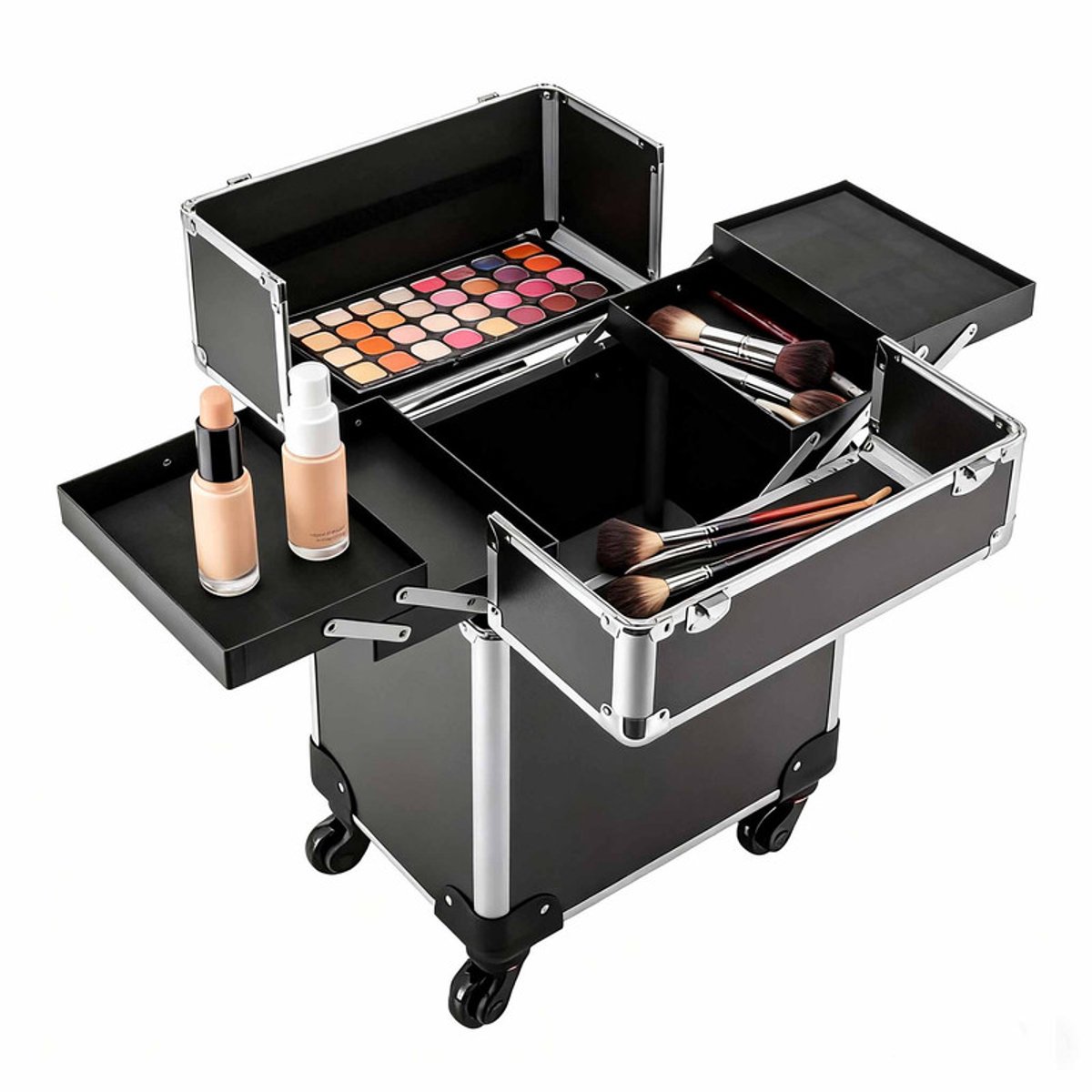 NETTLIFE Professionele Make-up Koffer Met Wielen – Zwart – Opbergtrolley Met Slot – 360 Graden Draaibare Wielen – Duurzaam – Voor Visagisten En Kappers