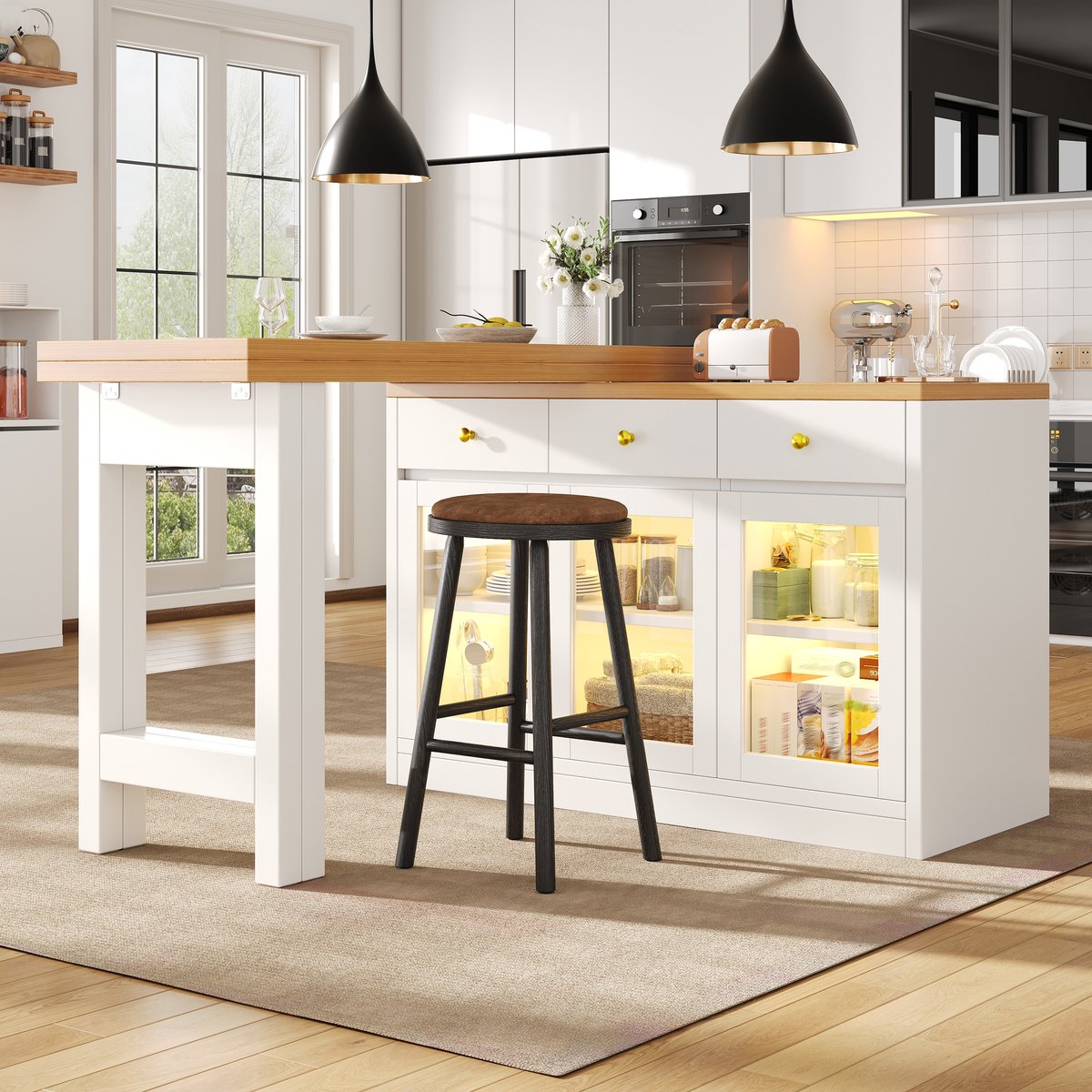 REDOM Uitschuifbaar Keukeneiland - Ledverlichting En Opbergruimte - Modern - Voor Keuken - MDF - Wit - 120-200 X 40 X 75,5 Cm White