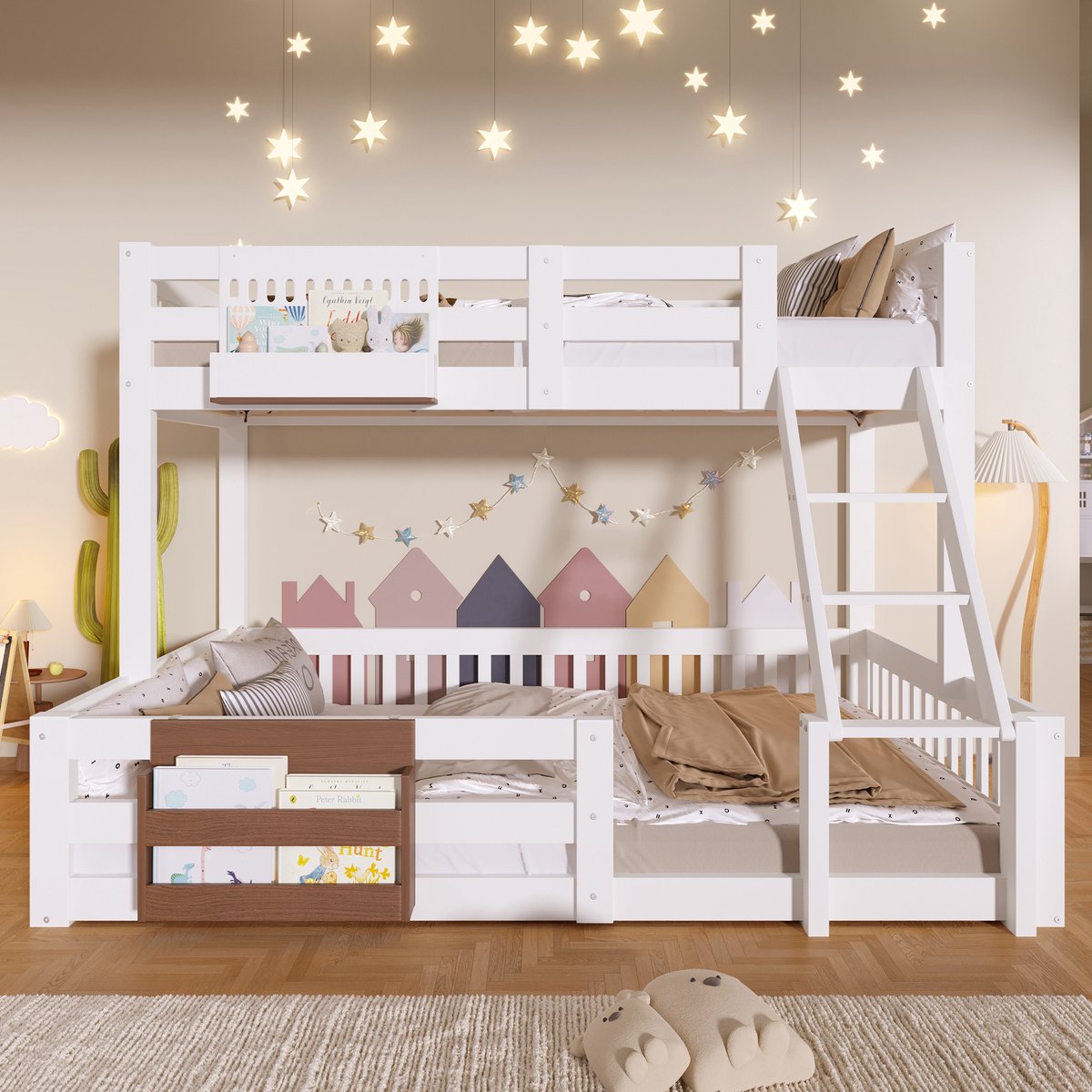 VVBV Stapelbed 90x200/140x200 cm met Opbergruimte, Metaal & Hout, Veiligheidshek & Ladder, Wit White