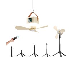 Tentplafondventilator, campingventilator met 3600 mAh-accu, 2-in-1 staand en hangend ontwerp voor op de camping en in studentenkamers – beige