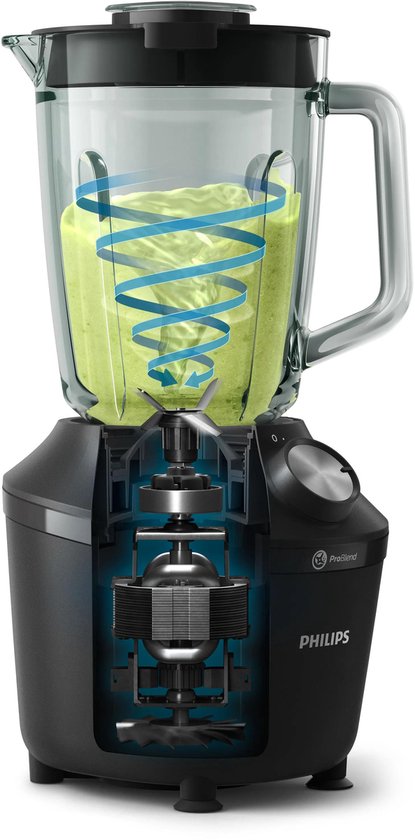 Zwarte Philips blender met een interne doorsnede die de motor en de draaiende messen toont.