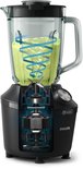 Zwarte Philips blender met een interne doorsnede die de motor en de draaiende messen toont.