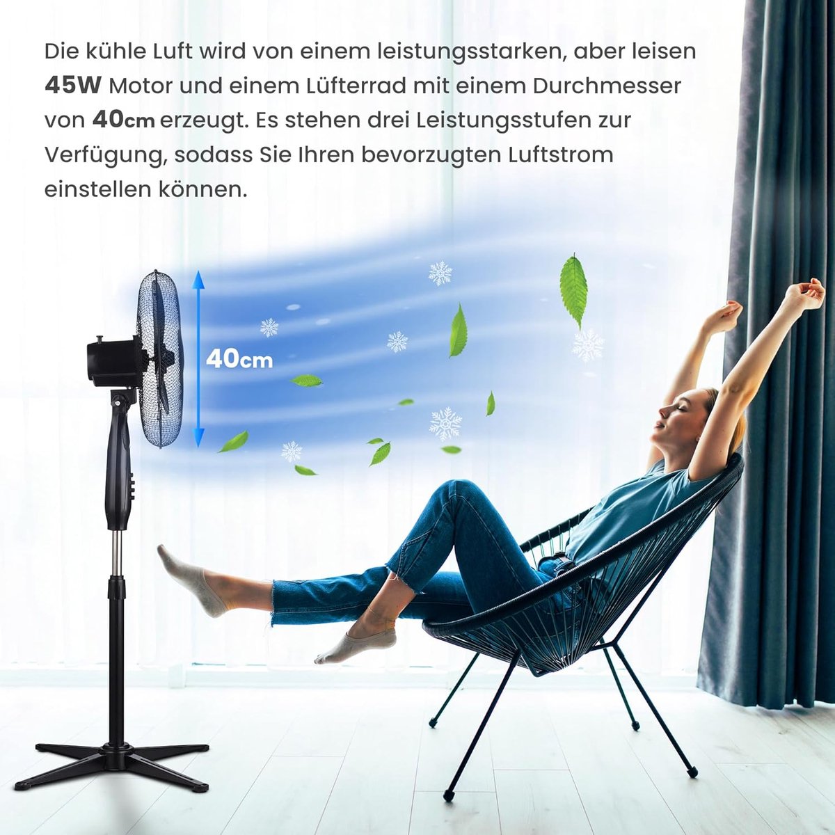 Vloerventilator - Stille Ventilator - Ruimte Koelen - 3 Snelheden en Oscillatie - 40 cm -