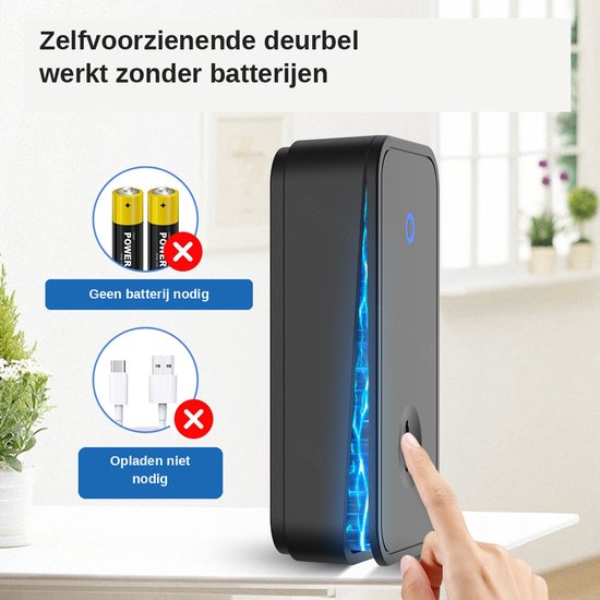 『Geen batterij nodig』Draadloze deurbel met 1 ontvangen - Deurbel draadloos - Zonder batterijen- Draadloos deurbel - Slim Deurbel - Draadloos -Deurbelset - Waterdicht IP44- Zwart- 60 melodieen — afbeelding 3