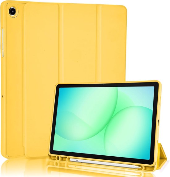 Étui tablette jaune avec tablette en position debout. L'étui est en arrière-plan.