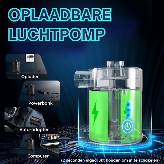 Draagbare elektrische luchtpomp voor opblaasartikelen, oplaadbare luchtpomp voor luchtmatrassen - compacte 2-in-1 mini pomp met 4 mondstukken en opbergzak, geschikt voor matrassen en zwembaden. van Merkloos — afbeelding 5