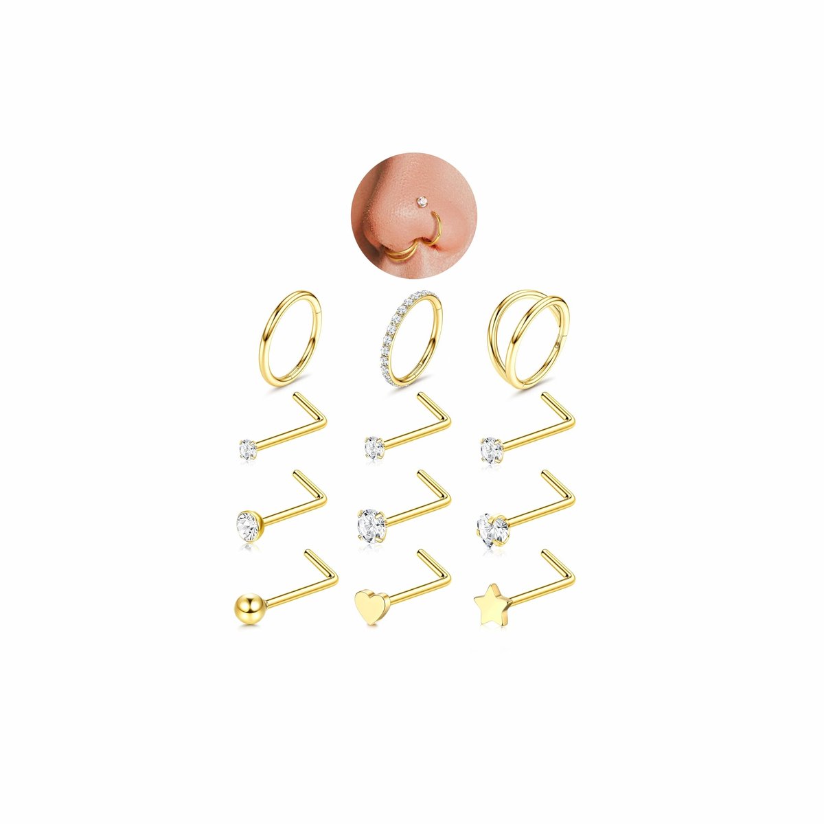 Dailygoods- Neuspiercing Set 12 Stuks - Gouden/Zilveren Neusringen