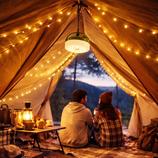 Tech Essentials® Solar Camping Lichtsnoer Met Afstandsbediening - 20 Meter - IP67 Waterdicht - Oprolbaar - Oplaadbaar - Warm-Wit - Verlichting Buiten Slinger - Lampjes - Lampenslinger - Kampeerlamp - Tentlamp van Merkloos — afbeelding 2