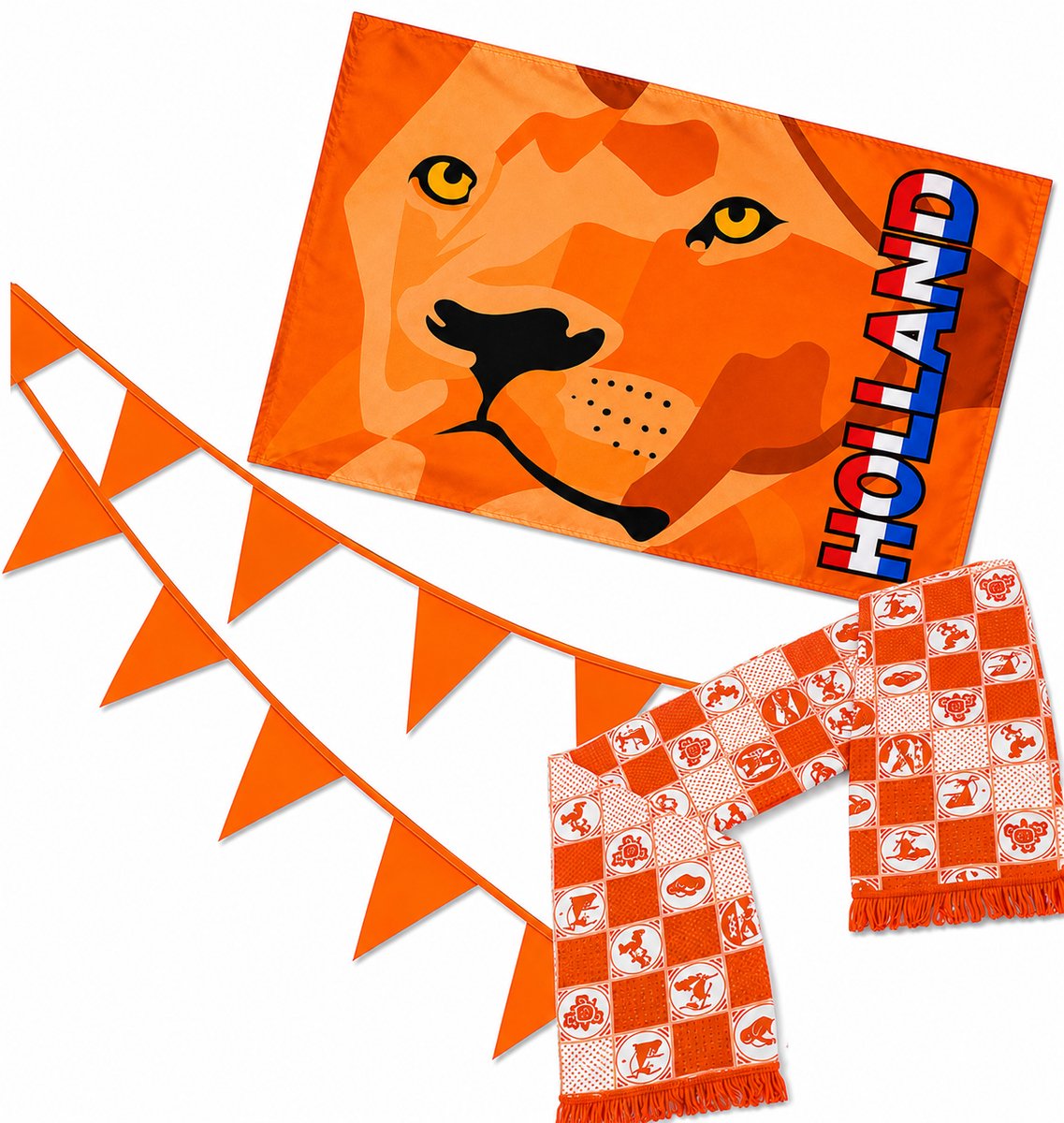 Holland vlag 100x70 cm + Hollandia Sjaal + 20 meter oranje vlaggenlijn - WK 2026 voetbal Nederlands Elftal versiering
