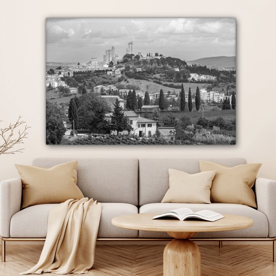 Peinture sur toile 150x100 cm - Décoration murale Les collines de San Gimignano en Toscane - noir et blanc - Décoration murale salon - Décoration chambre - Accessoires chambre - Peintures