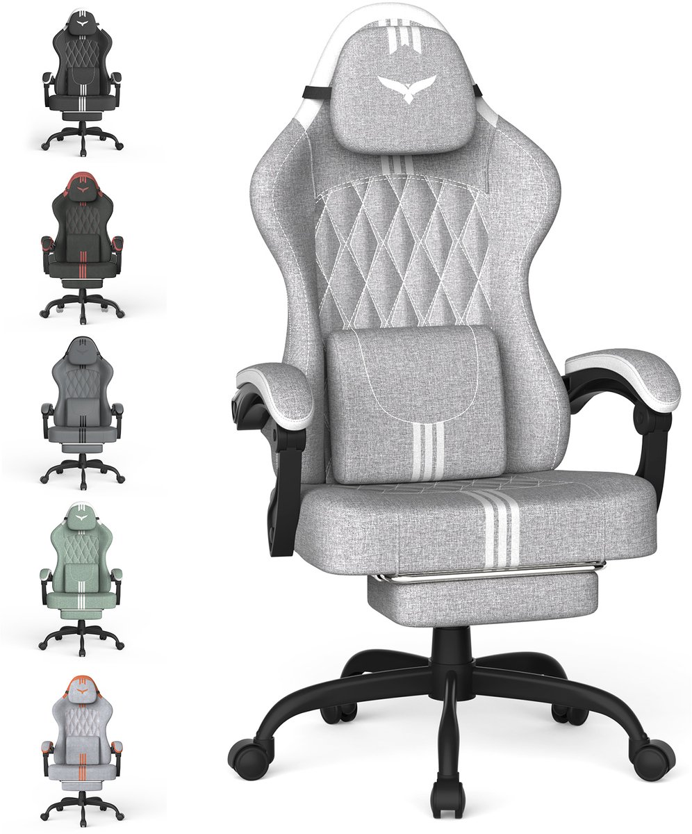 Soontrans - Ergonomische Gaming Stoel - Verstelbare Gamestoel -Lendensteun - Hoofdsteun - Voetsteun - Hoogteverstelbaar & 360° Draaibaar - Ademende Stof - Multifunctioneel als Bureaustoel - Werkstoel en PC-Stoel - Grijs-Wit