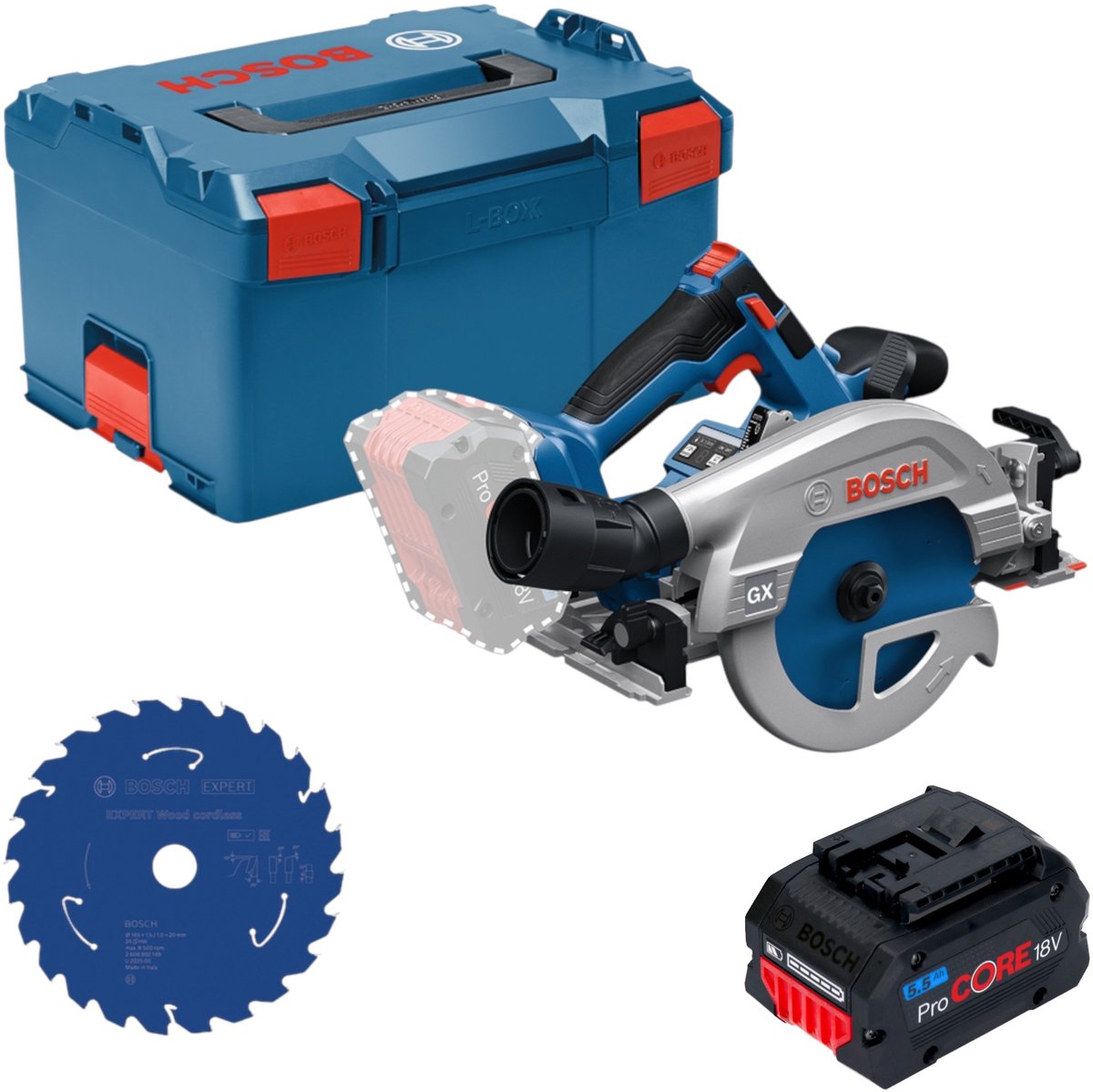Bosch GKS 18V-57-2 GX Professional accu-cirkelzaag 18 V 165 mm borstelloos + 1x ProCORE-accu 5,5 Ah + L-Boxx - zonder oplader