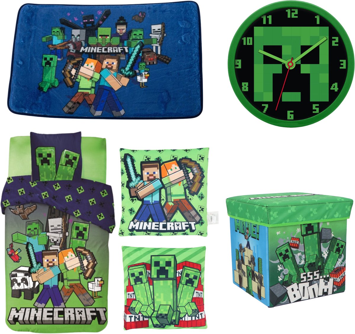 Minecraft slaapkamerset; dekbedovertrek, wandklok, opbergdoos/stoel, vloerkleed en kussen