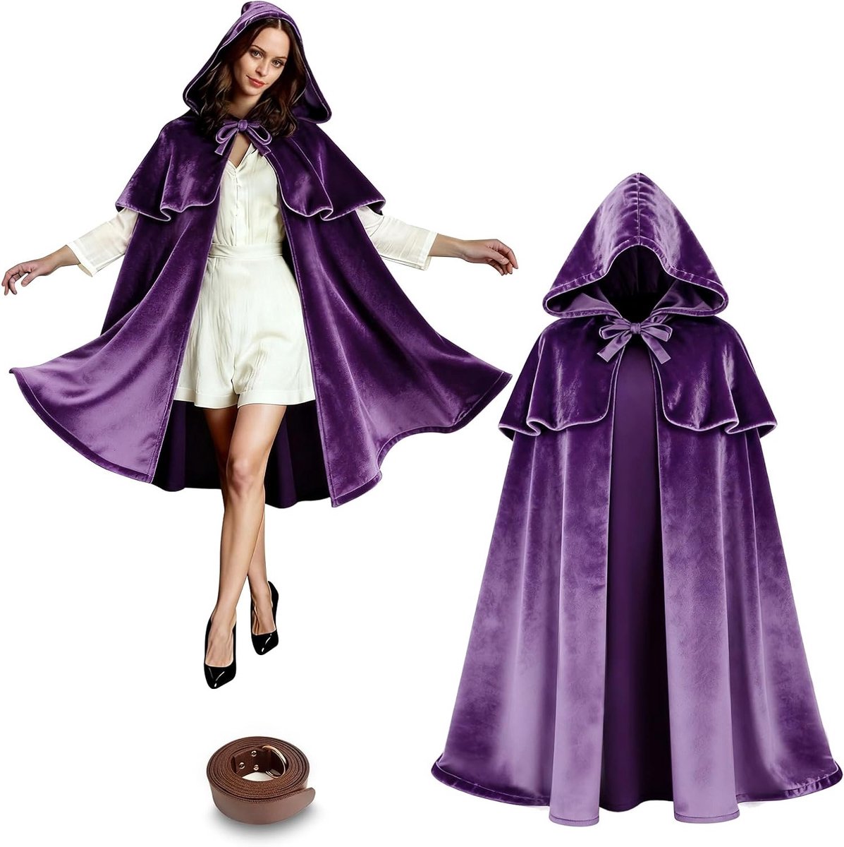 Middeleeuwse cape met schouderpantser en capuchon, verstelbare riem voor cosplay en Halloween, perfect voor heksen en piraten