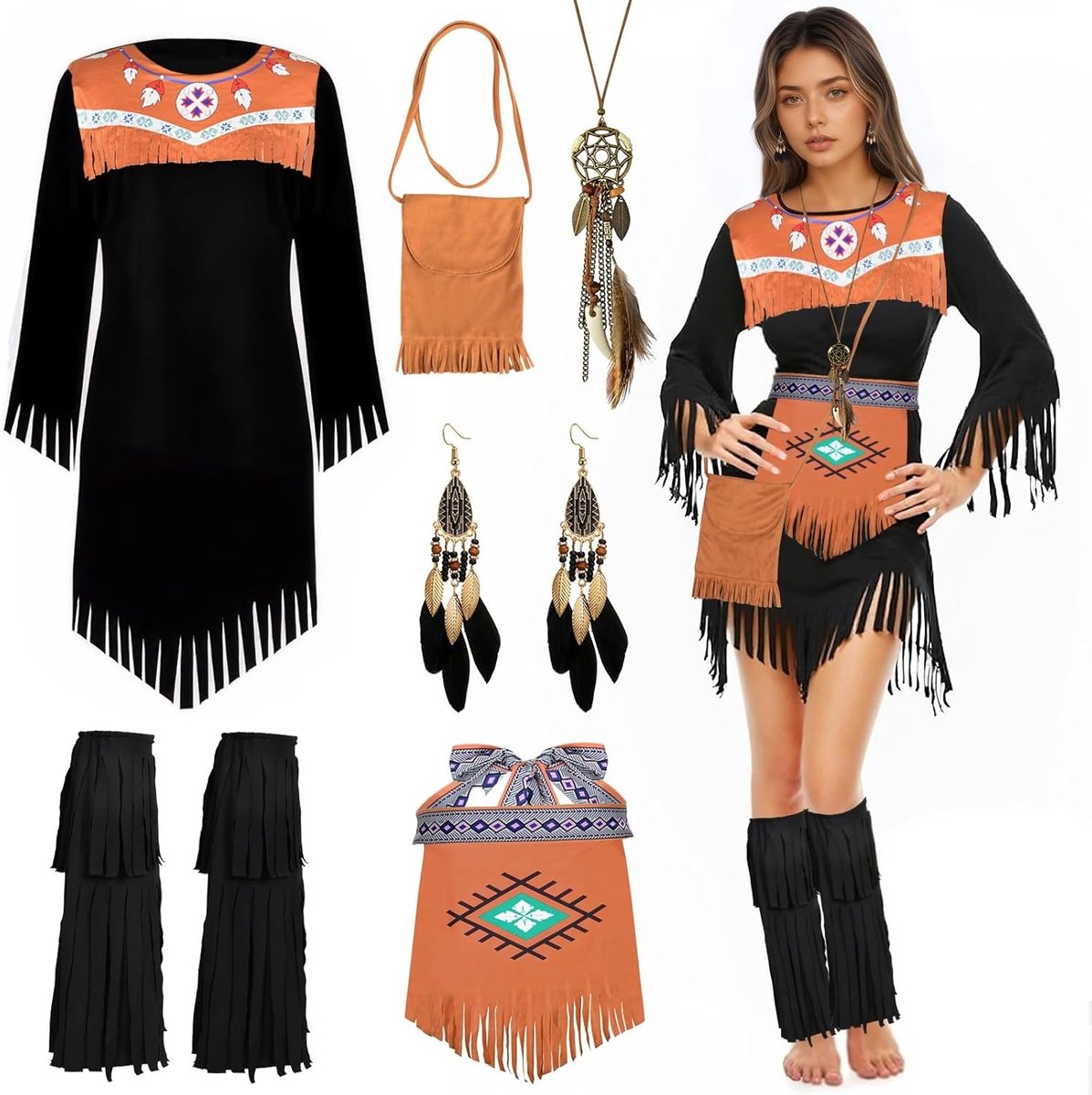 Indiase kostuum voor dames, zwart met jurk, tas, hoofdband, beenjurk, riem, verenketting en oorbellen, perfect voor carnaval of themafeest, kleurrijk en feestelijk