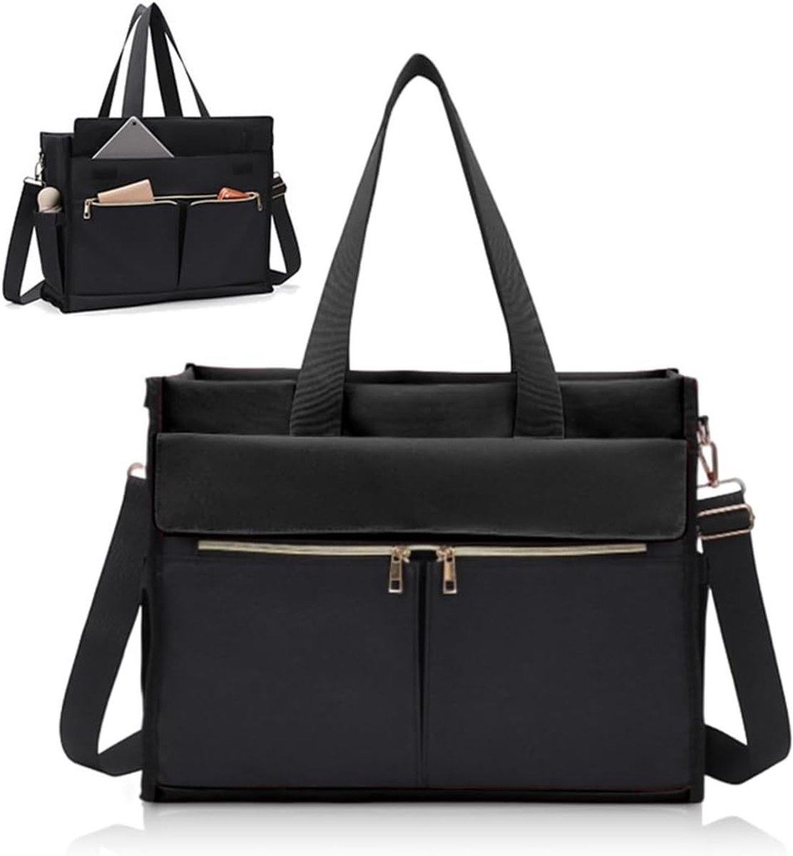 Grote 2-in-1 Lunch Tas voor Vrouwen, Handtas en Laptoptas tot 15.6 Inch, Waterdicht en Geschikt voor Werk, School en Zaken, Zwart