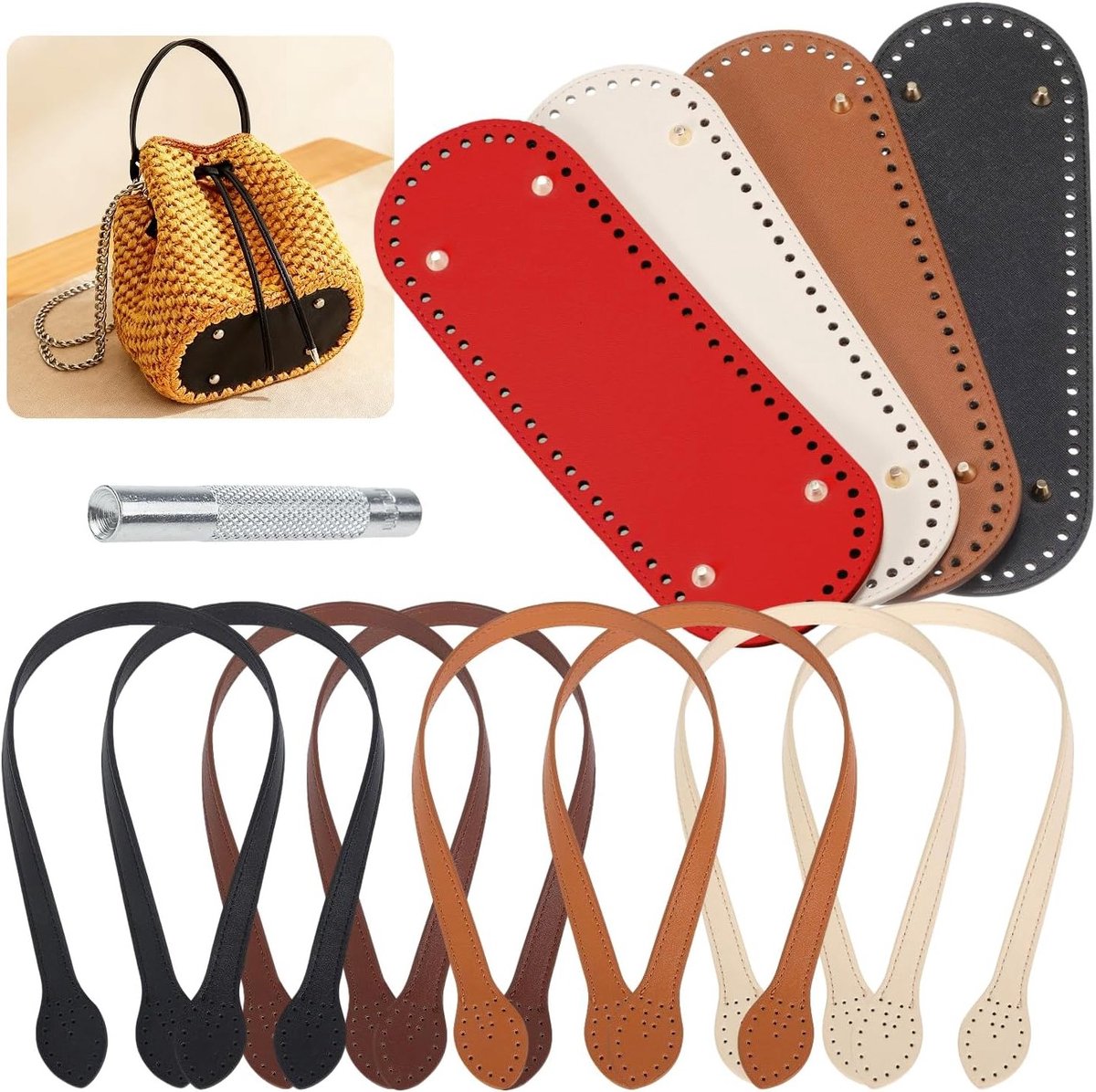 Complete set van 13 onderdelen voor het maken van haakhandtassen, inclusief bodem, handvatten en bevestigingsgereedschap voor DIY-projecten en cadeaus