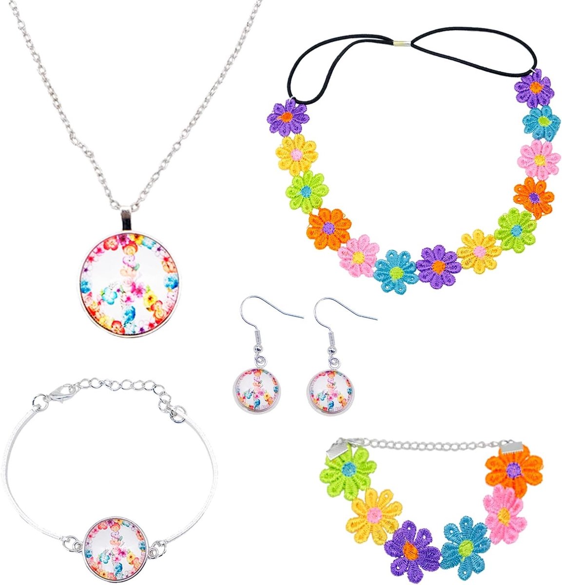 Hippie Kostuum Set met 5 Accessoires voor Vrouwen - Vredesteken Ketting, Oorbellen en Zonnebloemarmbanden voor een Retro Look