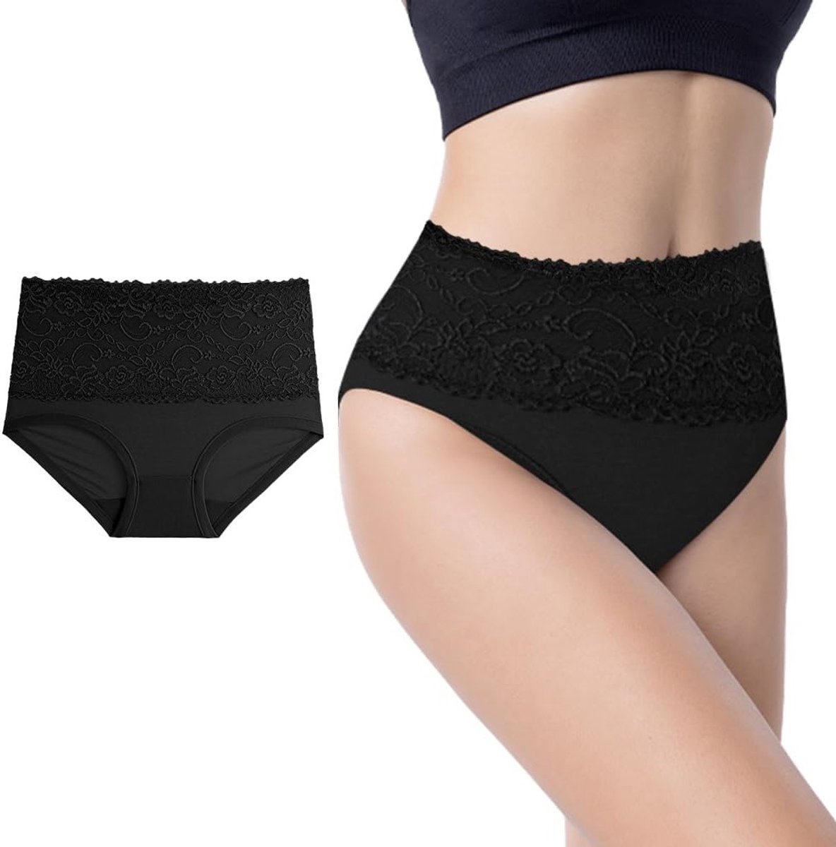 Hoogwaardige Dames Hoge Taille Slipjes van Microvezel met Kant - Zachte, Ademend en Elastische Midi Slip in Zwart