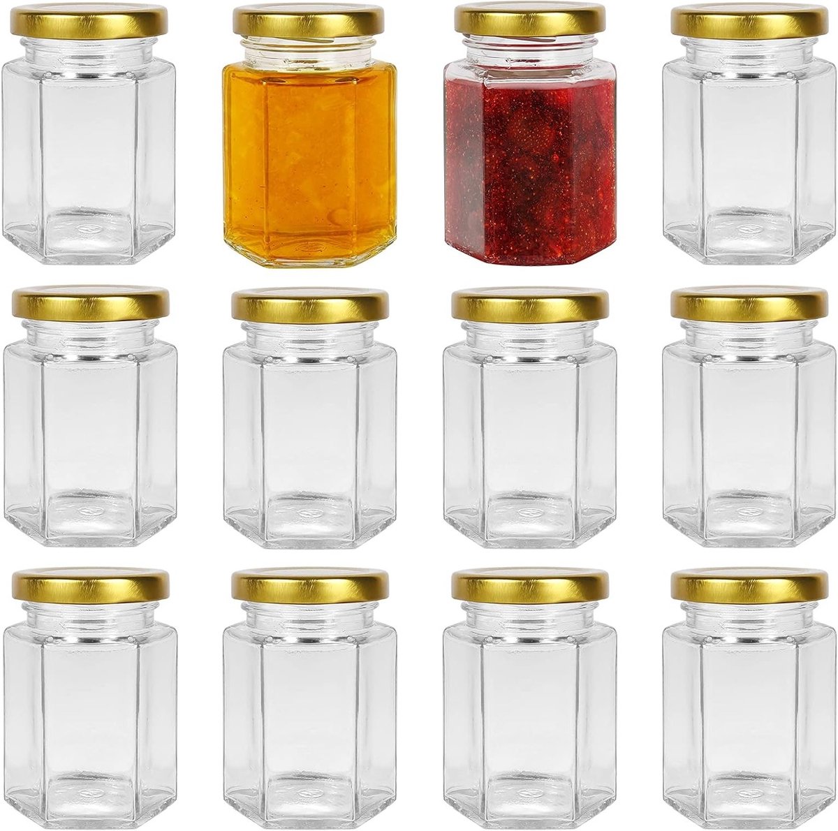12 Stuks 4 oz Hexagonale Glazen Potten met Gouden Deksel, Ideaal voor Inmaken, Specerijen, Snoep en Huwelijksbedankjes