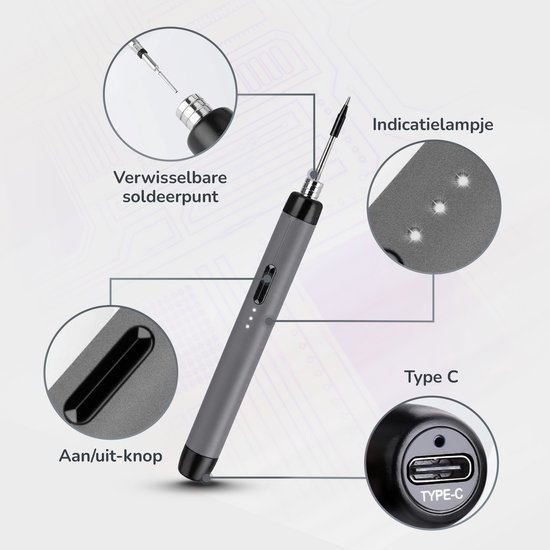 Gedetailleerde weergave van de grijze soldeerbout: verwisselbare punt, aan/uit-knop, LED-indicatoren en USB-C poort.