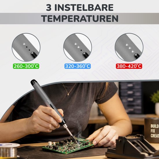 Een vrouw soldeert met een grijze soldeerbout, die drie instelbare temperaturen biedt: 260-300°C, 320-360°C en 380-420°C.