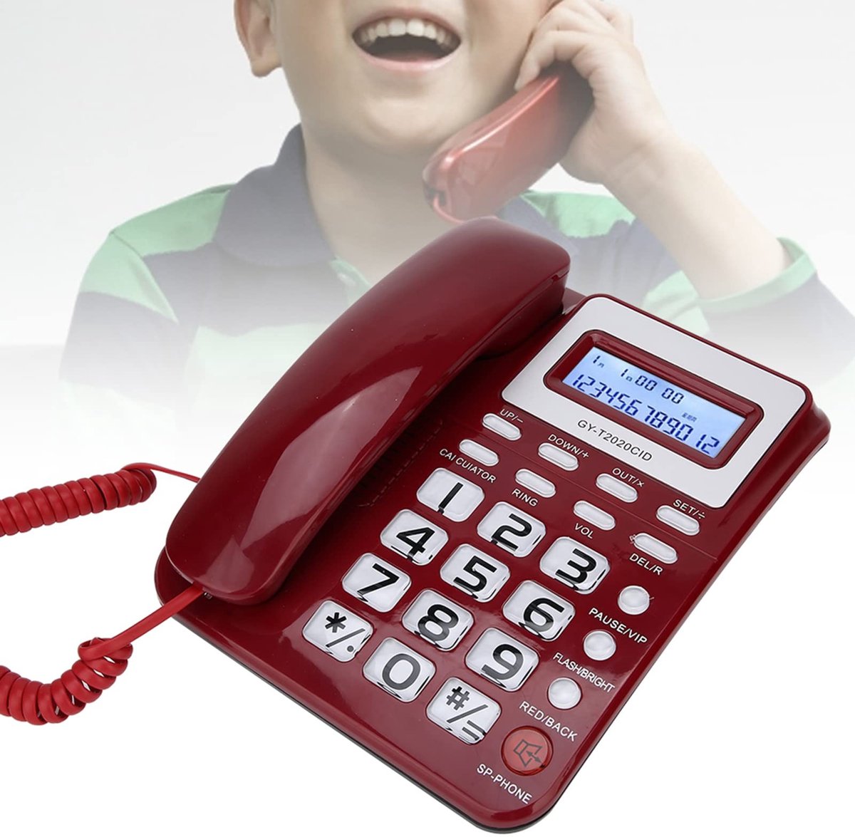 Dailygoody - Telefoon met snoer - Vaste telefoon met nummerweergave - Rood - Ondersteunt rekenmachine en recordcontrole - Geschikt voor thuis en kanto