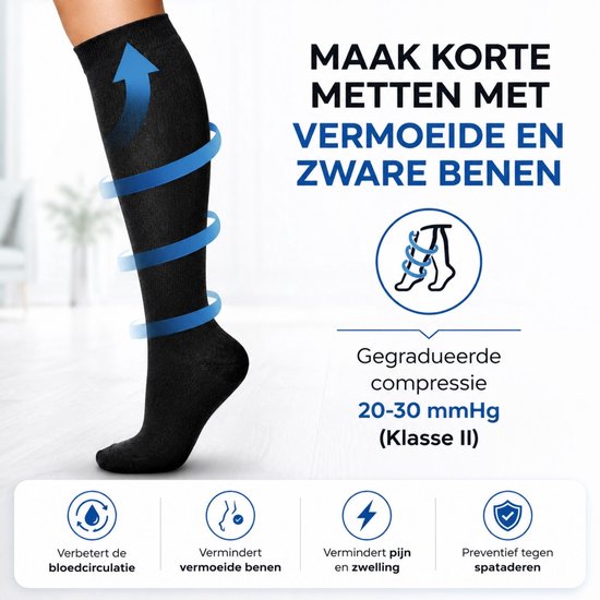 KANGKA Compressiekousen 20-30 mmHg maat 41-43 (L) - Steunkousen Vliegtuig - Compressie sokken voor Hardlopen Wandelen - Unisex - Zwart