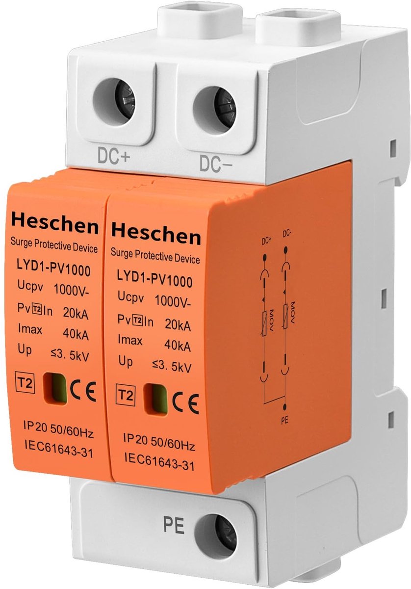 Dailygoods - Dailygoody - Overspanningsbeveiliging - 1000VDC - Brandwerend - Rail Montage - 2 Polen - Geschikt voor Fotovoltaïsche Systemen