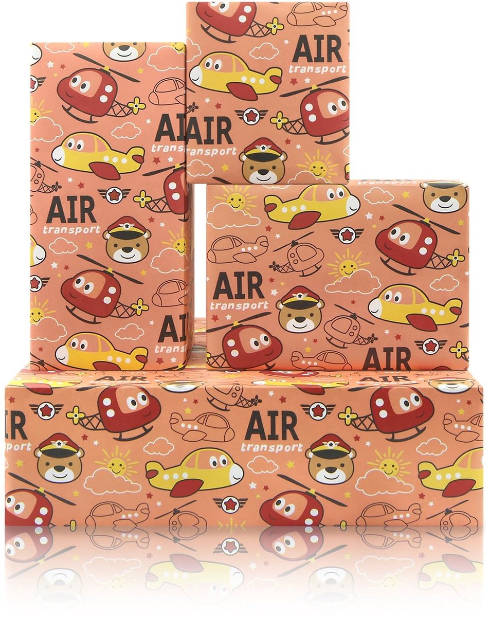 Dailygoods - Dailygoody - Helikopter Cadeaupapier - Vliegtuigen Inpakpapier - Voor Kinderen - 4 Vellen - Retro Ontwerp - Voor Verjaardag en Feestdagen - Gesch