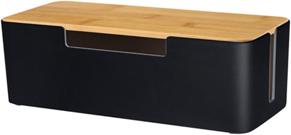 Kabelbeheerdoos met Houten Deksel, ABS Kabelorganizer voor het Verbergen van Stroomkabels en Stopcontacten, Zwart, Ideaal voor Kabelorganisatie en Opruimen van Kabels
