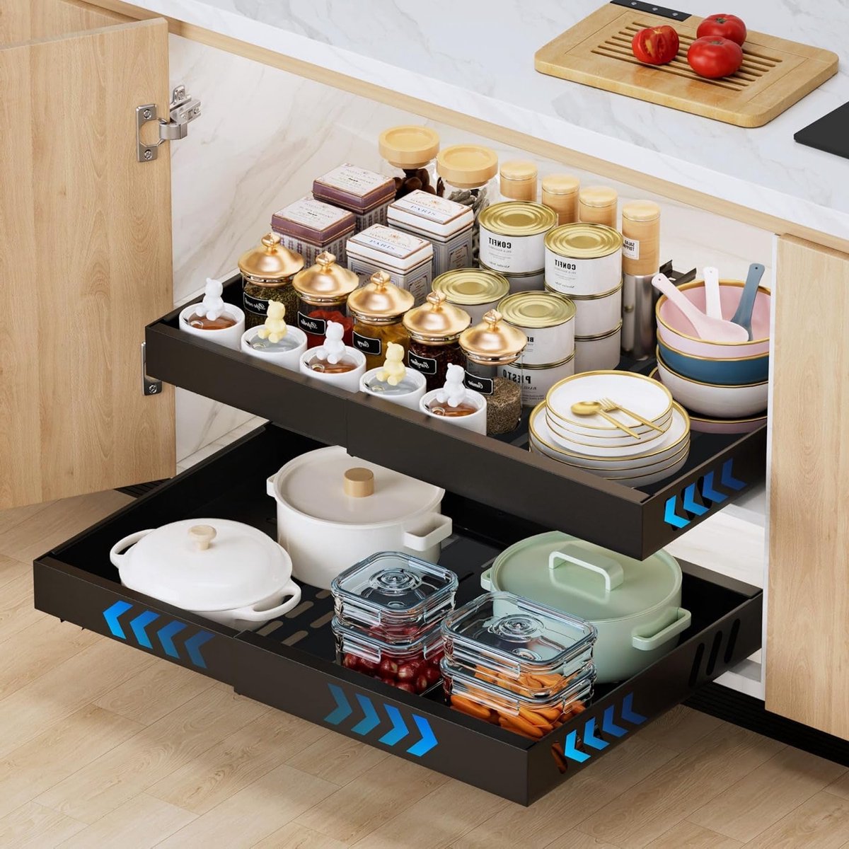 Uitbreidbare Uittrekbare Keukenlades met Lijm, Uittrekbare Kastorganizer, Voor Keuken en Pantry, Verstelbare Breedte 32-53cm, Efficiënte Opberging en Ruimtebesparing