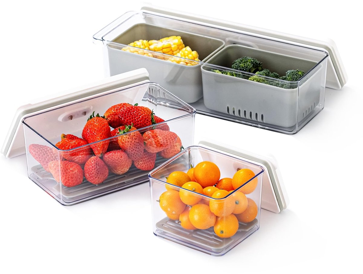 Dailygoods - Dailygoody - Stapelbare opslagcontainers - Organizer bakken - Versheid en geurbehoud - Grijs - BPA-vrij - Set van 3 - Geschikt voor voedselopslag - 11