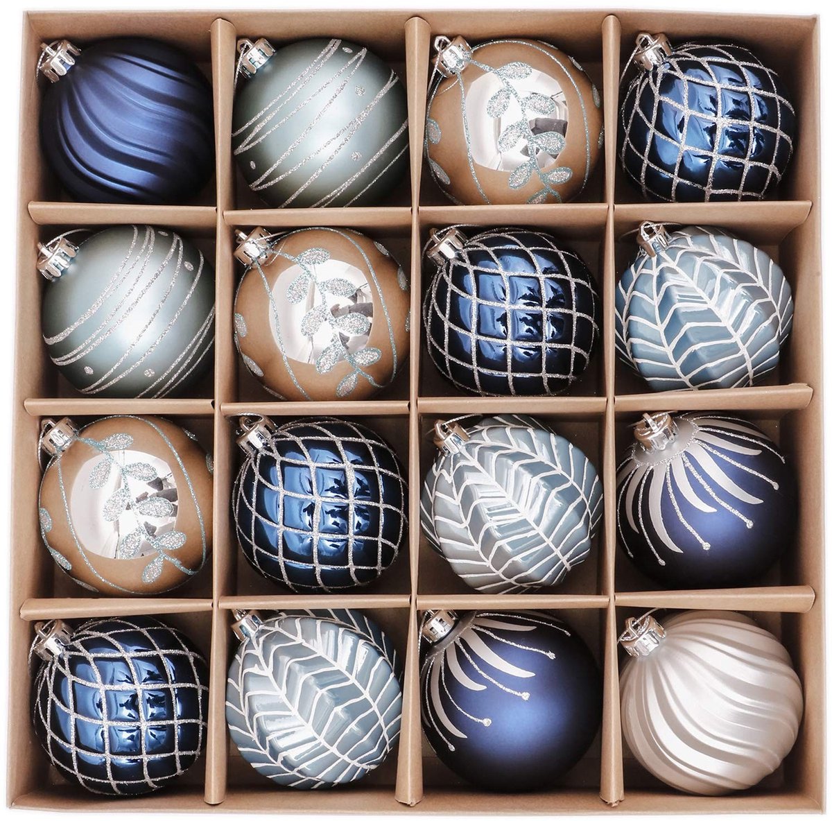 Dailygoods - Cosensi - Dailygoody - Kerstboomversieringsset - 16st witte en blauwe kerstballen - IJskasteelthema - 8cm - Perfecte kerstdecoratie - Inclusief touw