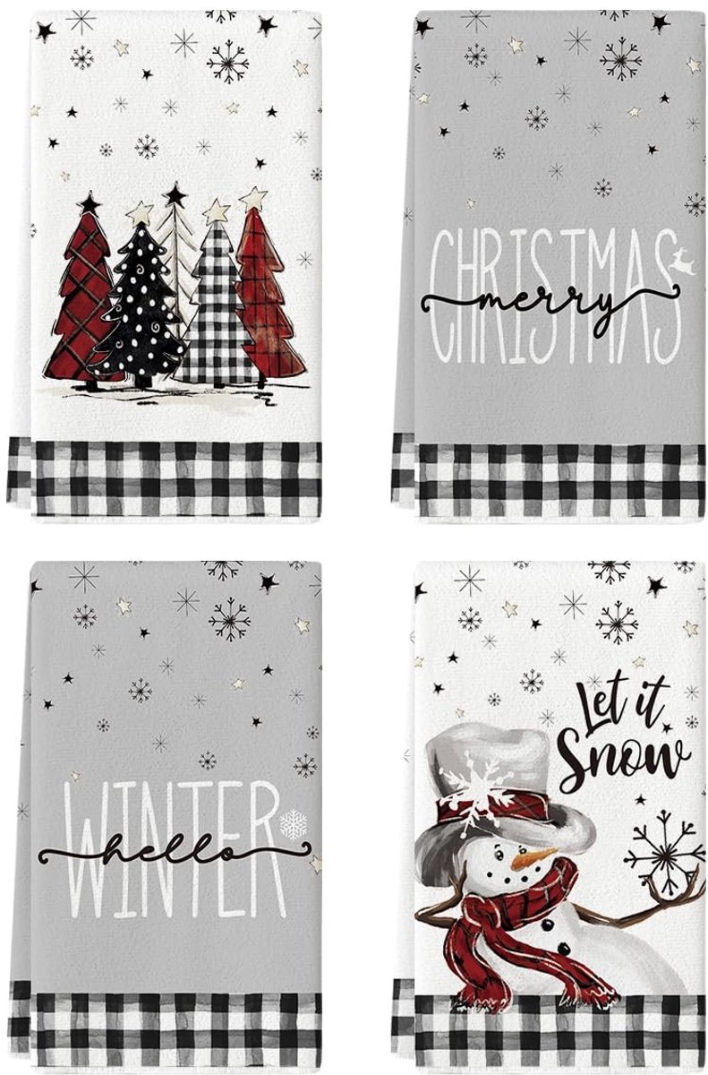 Dailygoody - Keukenhanddoeken - Sneeuwvlok Bomen - Set van 4 - 42 x 65 cm - Polyester - Decoratie Handdoeken - Geschikt voor elke keuken - Zwart/Wit