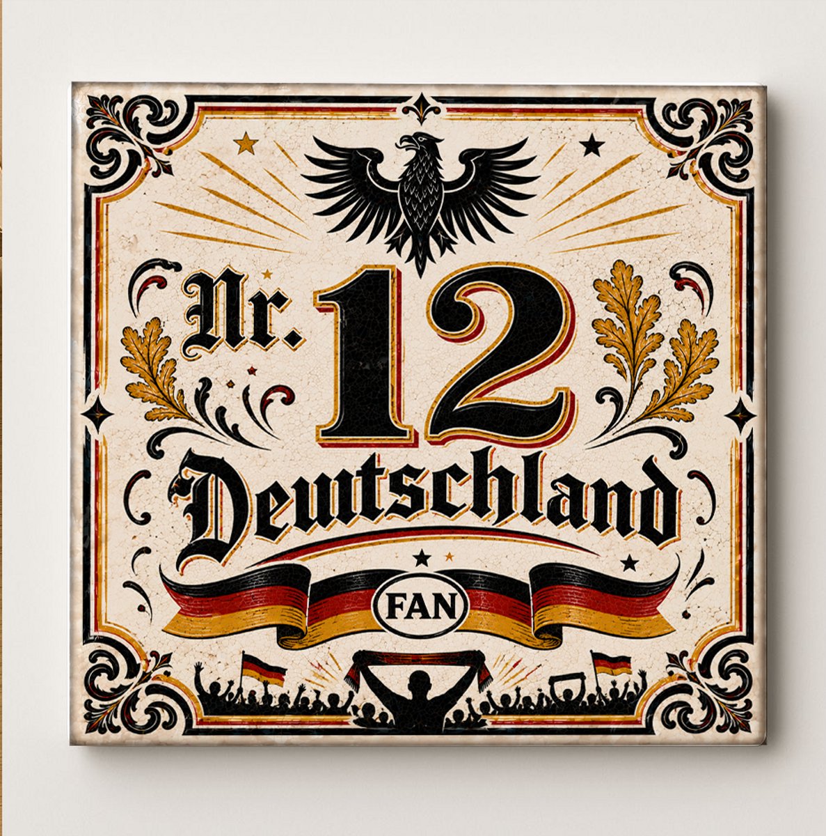 Duitsland Nr. 12 Fan Decoratieve Keramische Tegel – Deutschland Voetbal Supporter Wandtegel – Zwart Rood Goud Cadeau