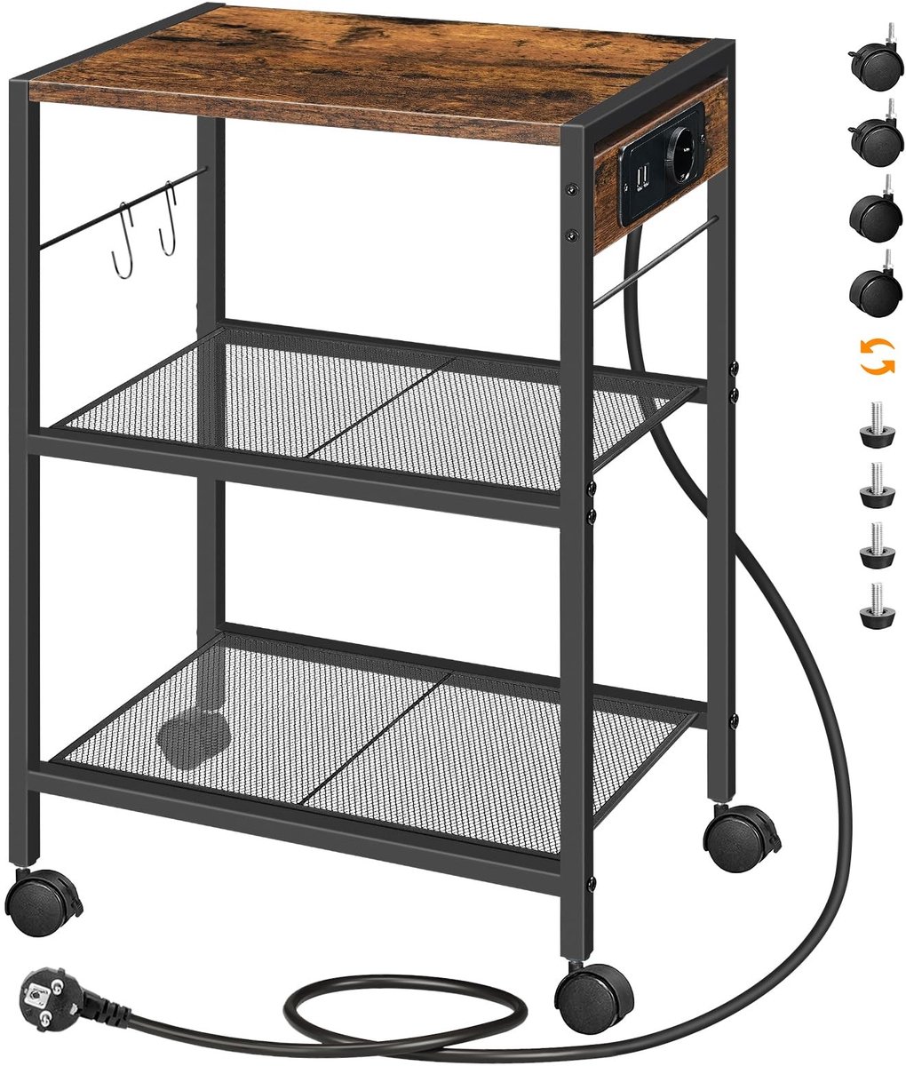 Dailygoods - Dailygoody - Printerstandaard - Printerwagen met zwenkwielen - Vintage bruin en zwart - Opbergrek voor thuiskantoor - 3-laags ontwerp - 20 kg draagver