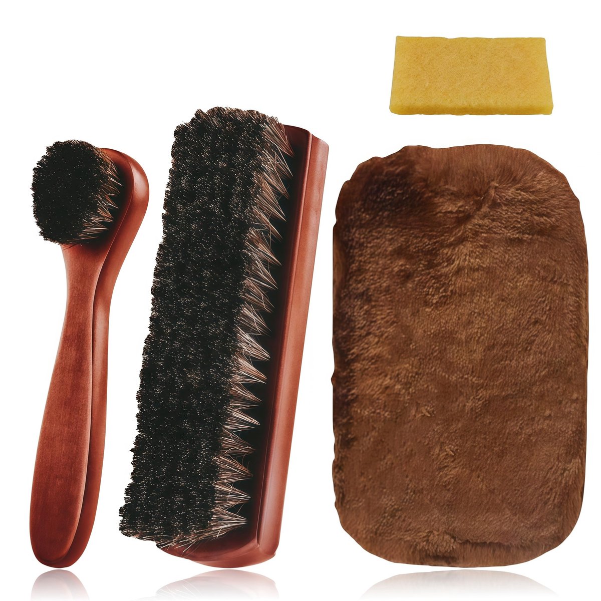 Dailygoods - Dailygoody - Schoenborstels set - Paardenhaar - Zacht en effectief - Bruin - Schoenpoets applicators - Geschikt voor leer en meubels - 4-delig