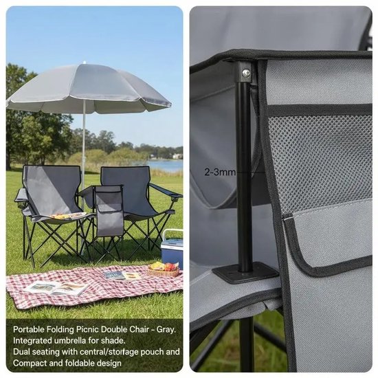 HomeGoodies - Dubbele campingstoel opvouwbaar - Verstelbare parasol - Roestvrij stalen frame - Waterdicht - Strand & patio - Grijs van Homegoodies — afbeelding 3