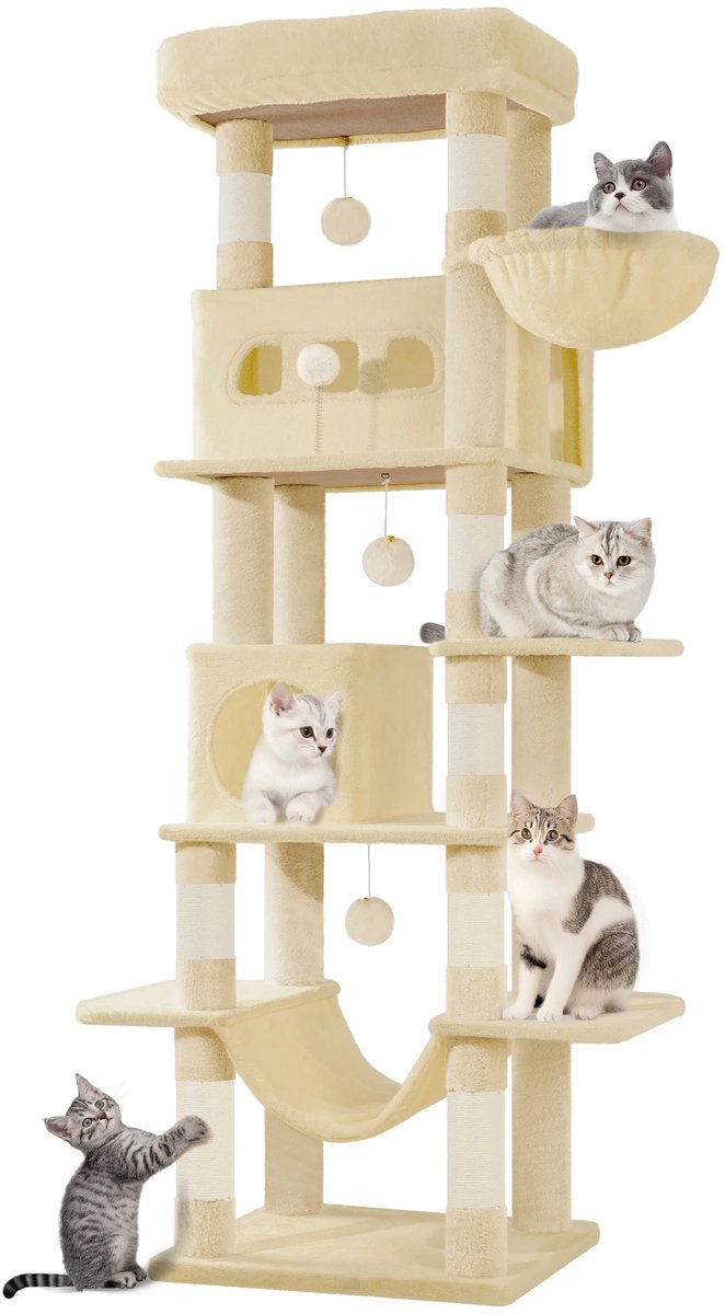 Kattenboom – Voor Binnengebruik en Maine Coon – 170 cm Grote Kattenboom met Meerdere Levels, Groot Ligvlak en Wasbare Mat – Beige