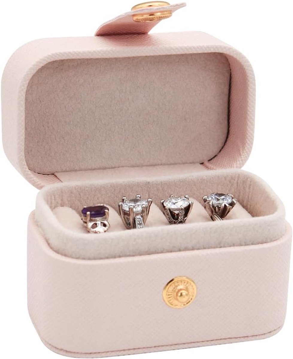 Kleine Ringdoos met 6 Ringgroeven, PU Leer Ringopberger, Draagbare Ringhouder voor Oorbellen en Ringen (Roze)