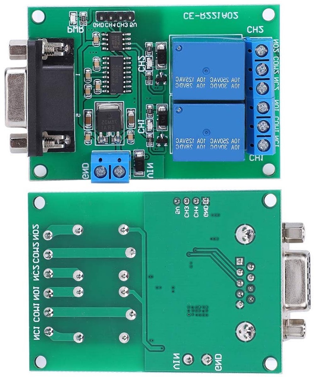 2-kanaals relaismodule met RS232 UART protocol, DB9 interface voor betrouwbare afstandsbediening, duurzaam en stabiel met condensatorfiltercircuit
